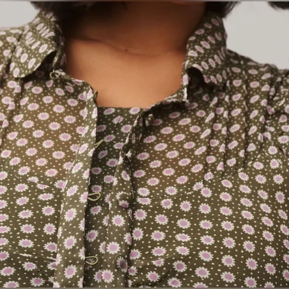 63. Anthropologie Puff-Sleeve Ruched Mesh Midi Shirt Dress - Picture 4 of 4